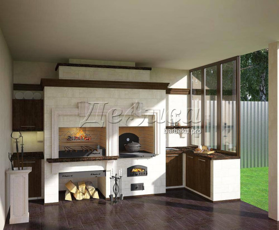 барбекю из кирпича с отделкой травертином